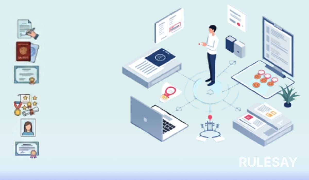 Изометрическая иллюстрация — человек со смартфоном в центре сети из документов с печатями, ноутбука, планшета и папок; слева колонка иконок подписи, паспорта и сертификатов на голубом фоне.